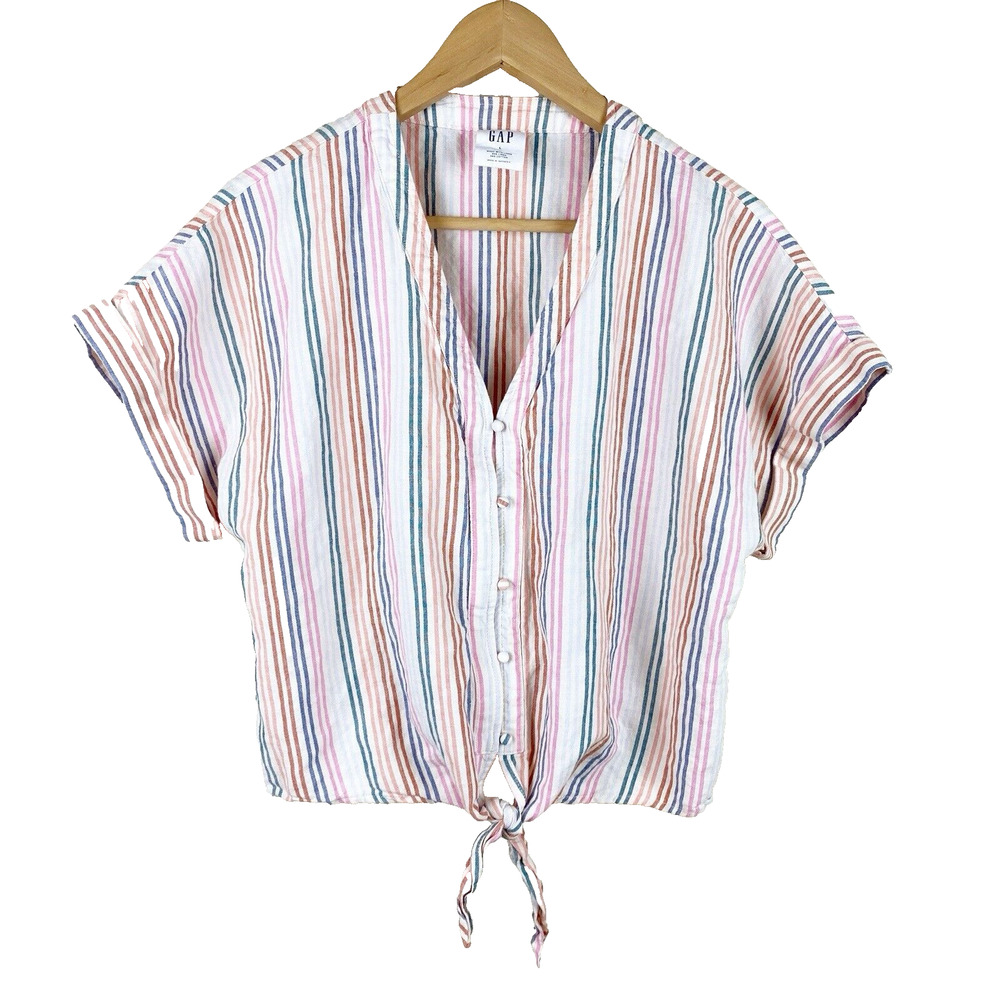 Gap Womens Striped Linen Blend Tie Front Top Size S Beachy Summer Contemporary